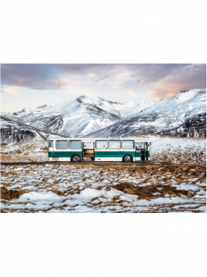 Green bus in the alps at its last stop